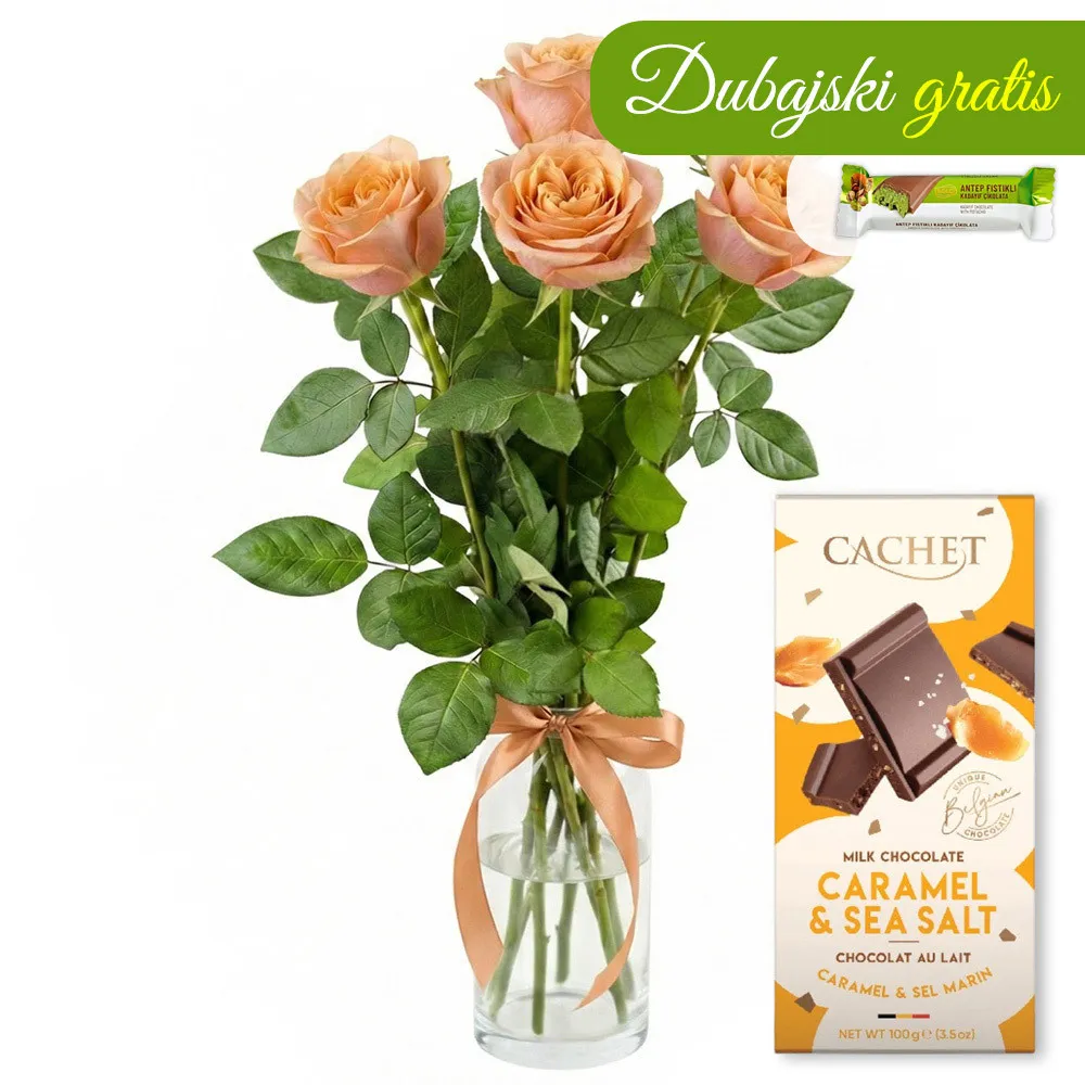5 tea roses with chocolate - Poczta Kwiatowa® flowers and chocolate