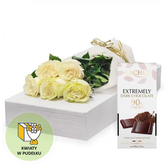 5 białych róż z czekoladą - Poczta Kwiatowa® białe róże z dostawą