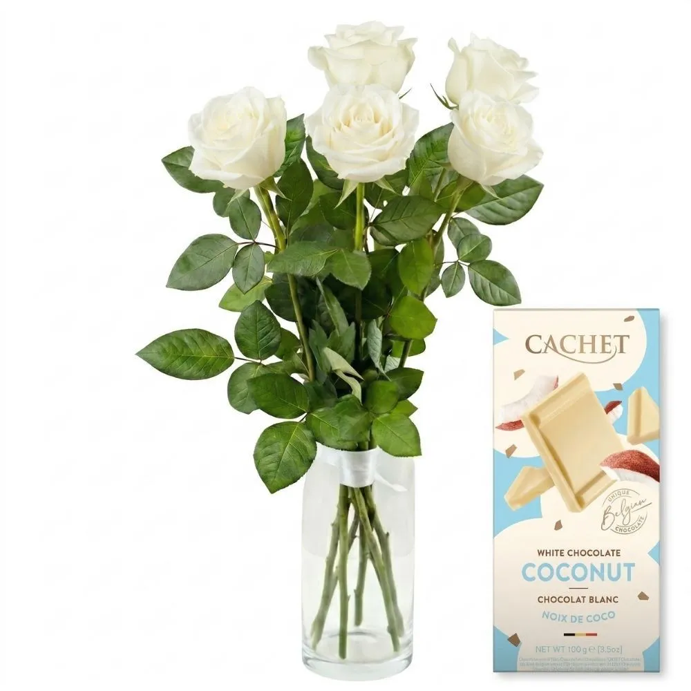 5 white roses with chocolate - Poczta Kwiatowa® white roses with delivery
