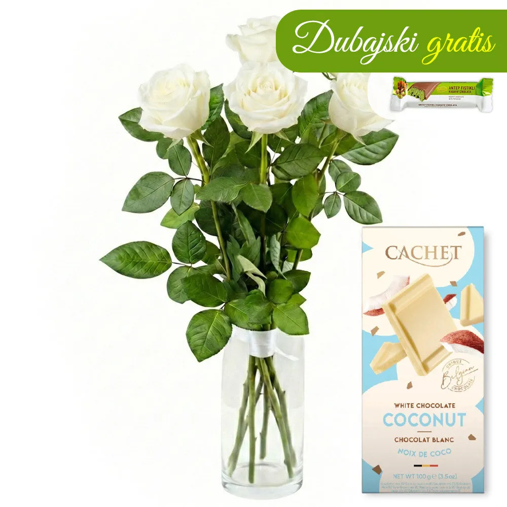 5 white roses with chocolate - Poczta Kwiatowa® white roses with delivery