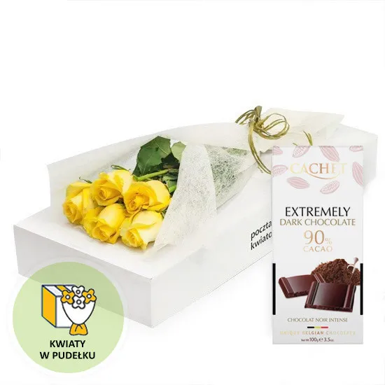 5 żółtych róż z czekoladą - Poczta Kwiatowa® kwiaty i czekolada w pudełku