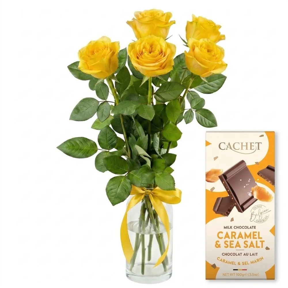 5 yellow roses in a bouquet with Delimaro chocolate