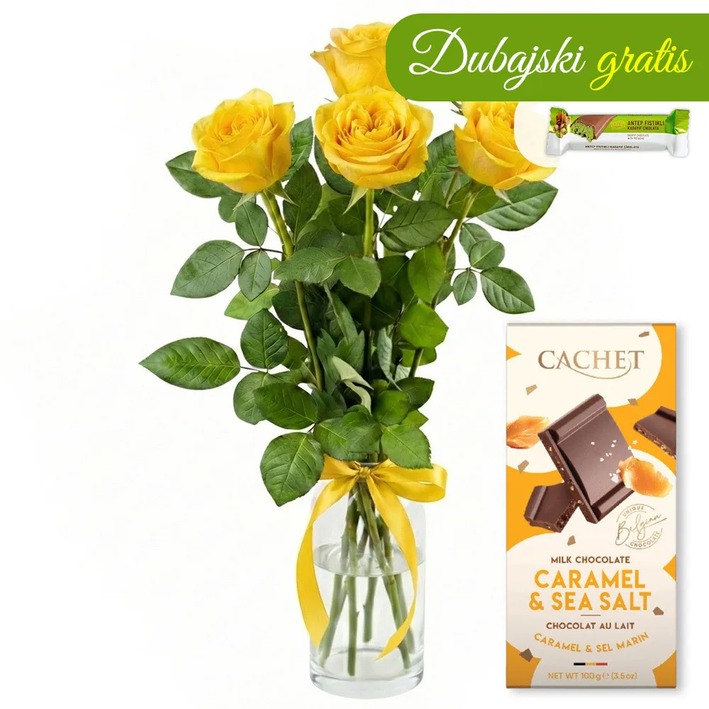 5 yellow roses with chocolate - Poczta Kwiatowa® flowers and chocolate in a box