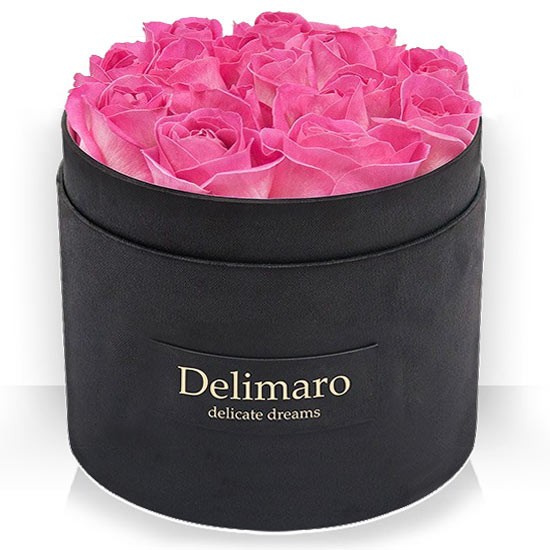 Masterbox - różowe róże w czarnym pudełku, czarne pudełko okrągłe z rantem