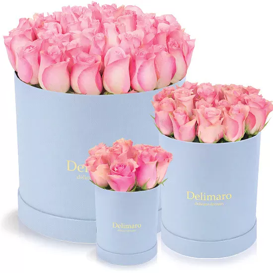 Różowe róże, kwiaty w błękitnym pudełku, Poczta Kwiatowa ® flowerbox