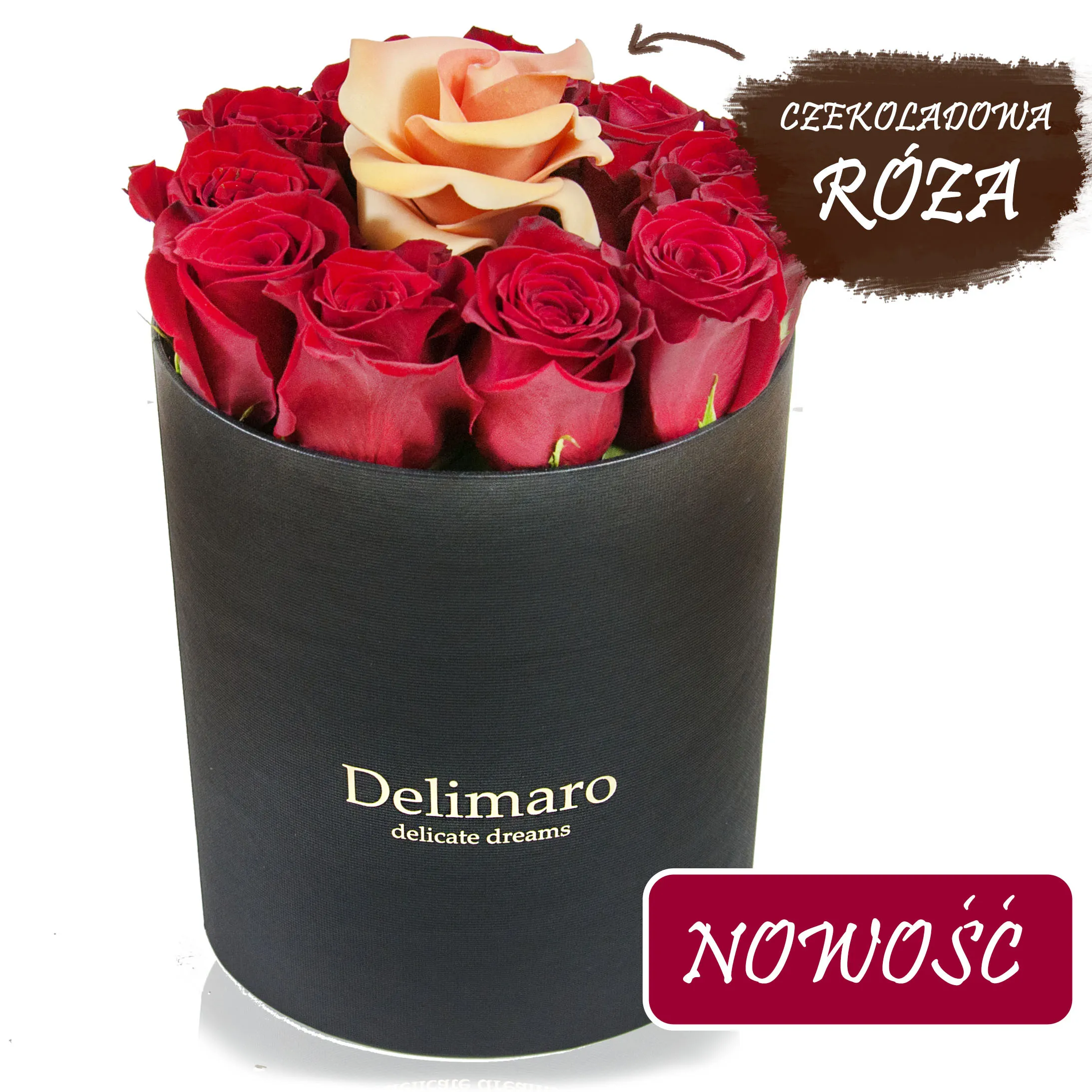 Flowerbox z czekoladową różą, czerwone róże w czarnym pudełku, kremowa róża z czekolady