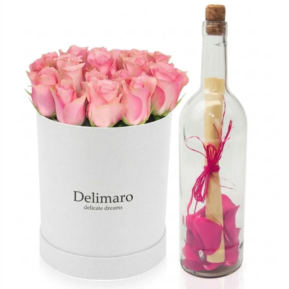  Flowerbox for Mom, letter with pink rose petals in a bottle, pink rose in a white box