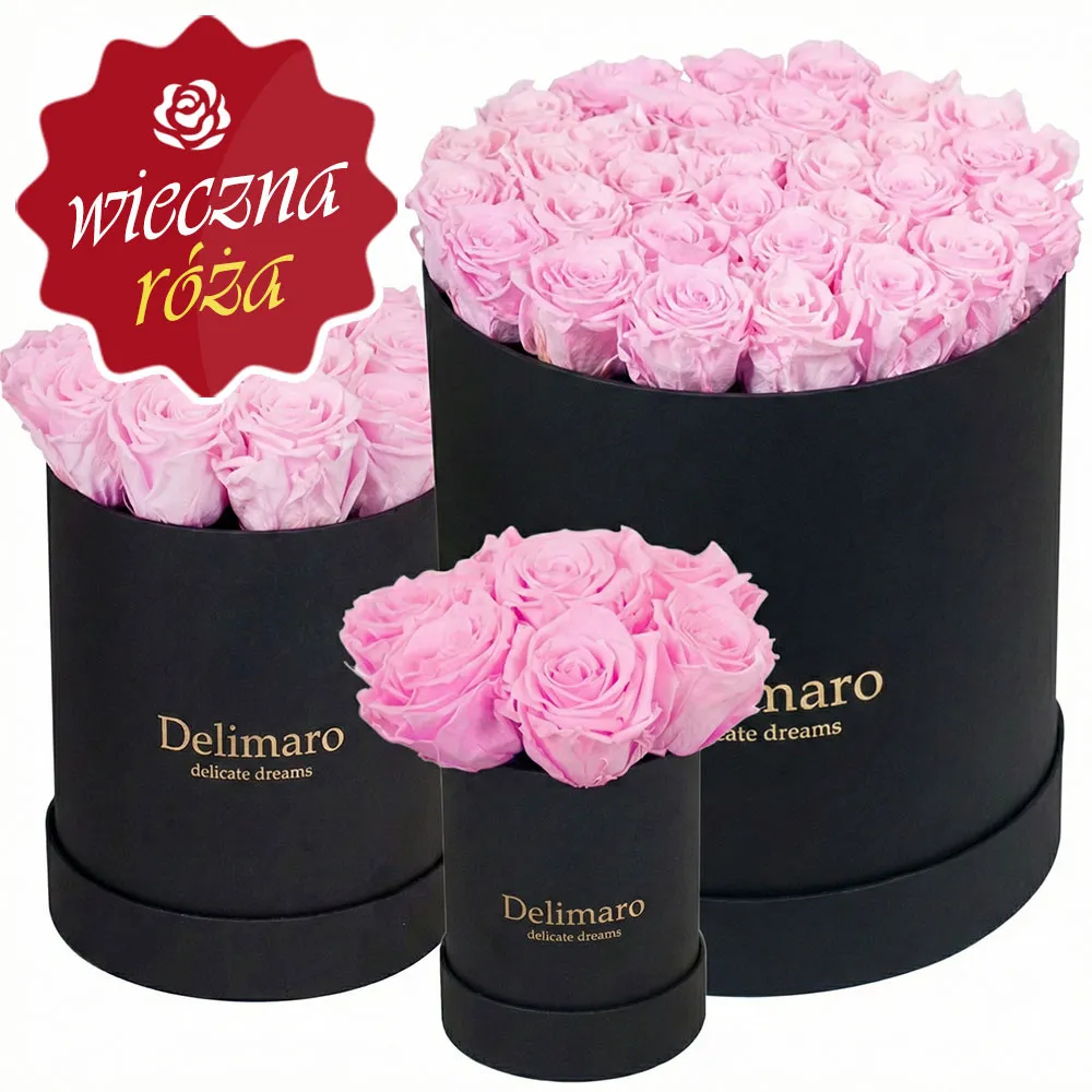 Eternal pink roses in black gift box - Poczta Kwiatowa® flowerbox
