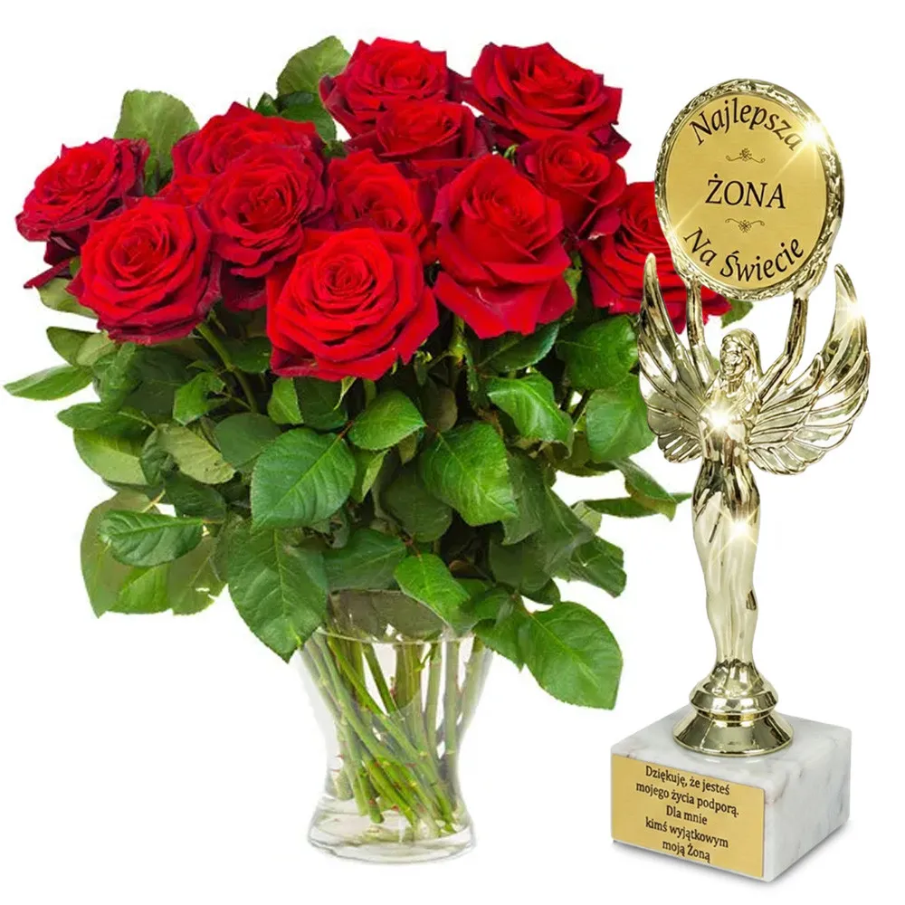12 red roses + best wife statuette | Poczta Kwiatowa®