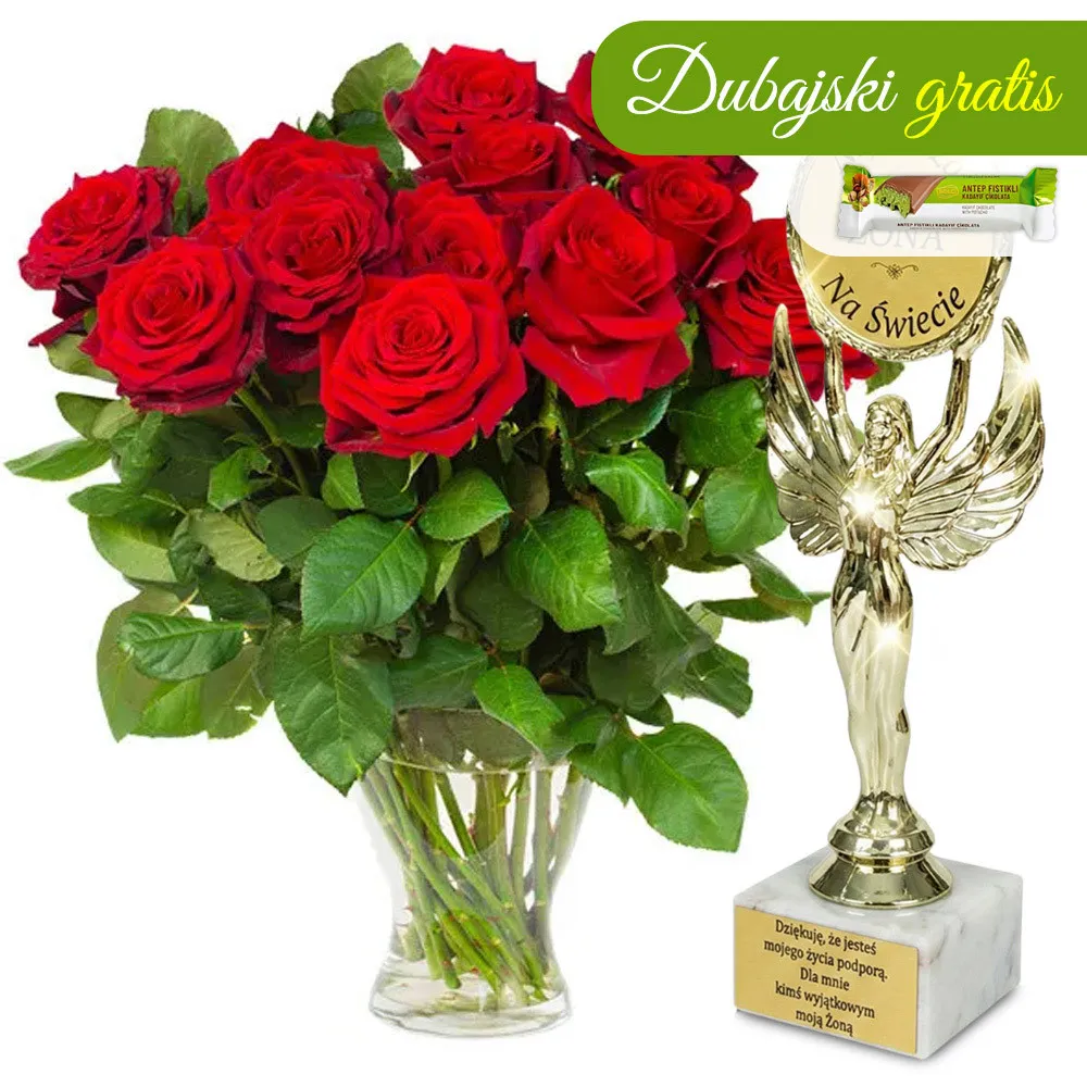 12 red roses + best wife statuette | Poczta Kwiatowa®