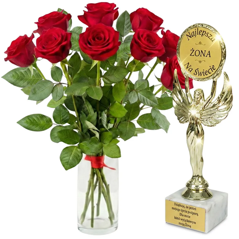 9 red roses + best wife statuette | Poczta Kwiatowa®