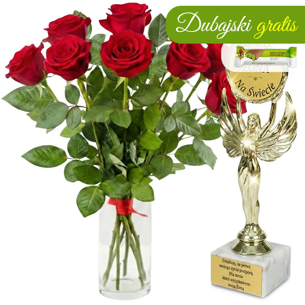9 red roses + best wife statuette | Poczta Kwiatowa®