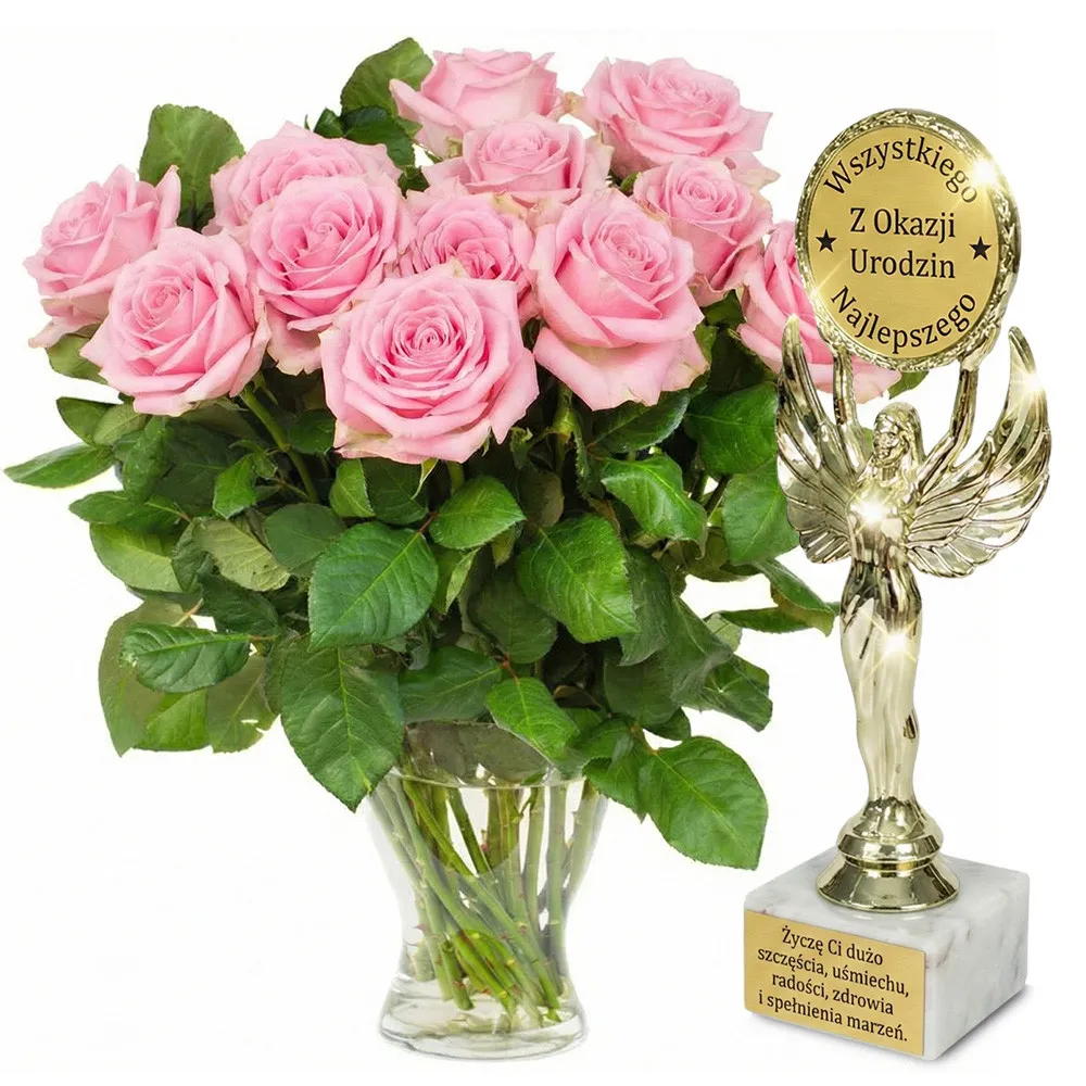 12 pink roses + birthday statuette 
