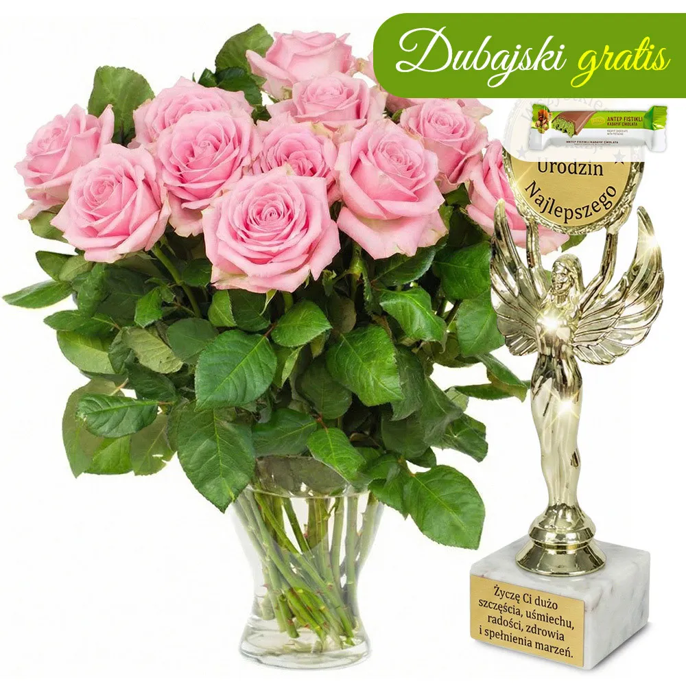 12 pink roses + birthday statuette 