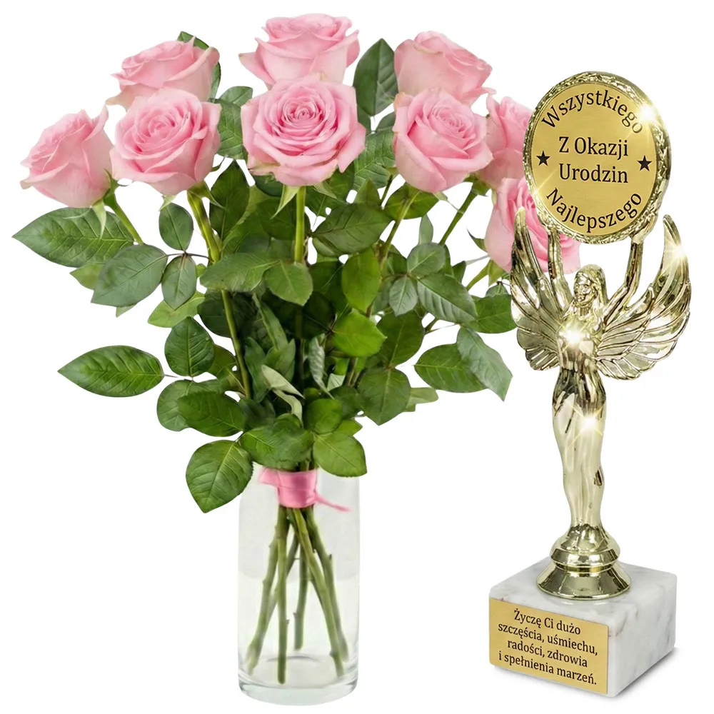9 pink roses + birthday statuette | Poczta Kwiatowa®