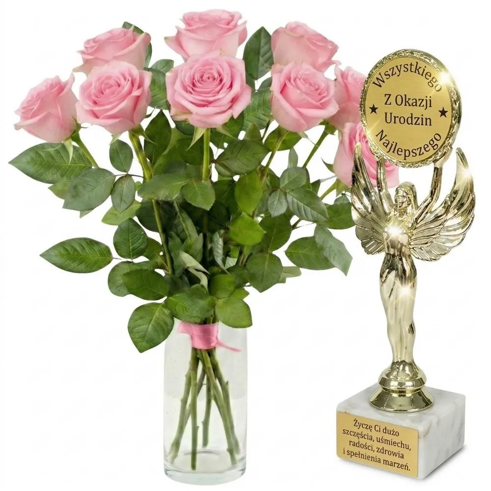 9 pink roses + a statuette for a birthday