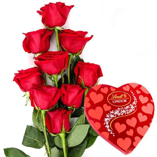 9 czerwonych róż z pralinami Lindt w pudełku w kształcie serca Poczta Kwiatowa® kwiaty z bombonierka