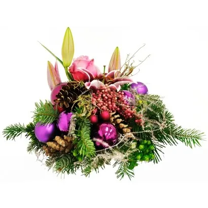 Seasonal mixed Xmas MCF with some roses/lilies in violet/dark pink with violet xmas balls, pine