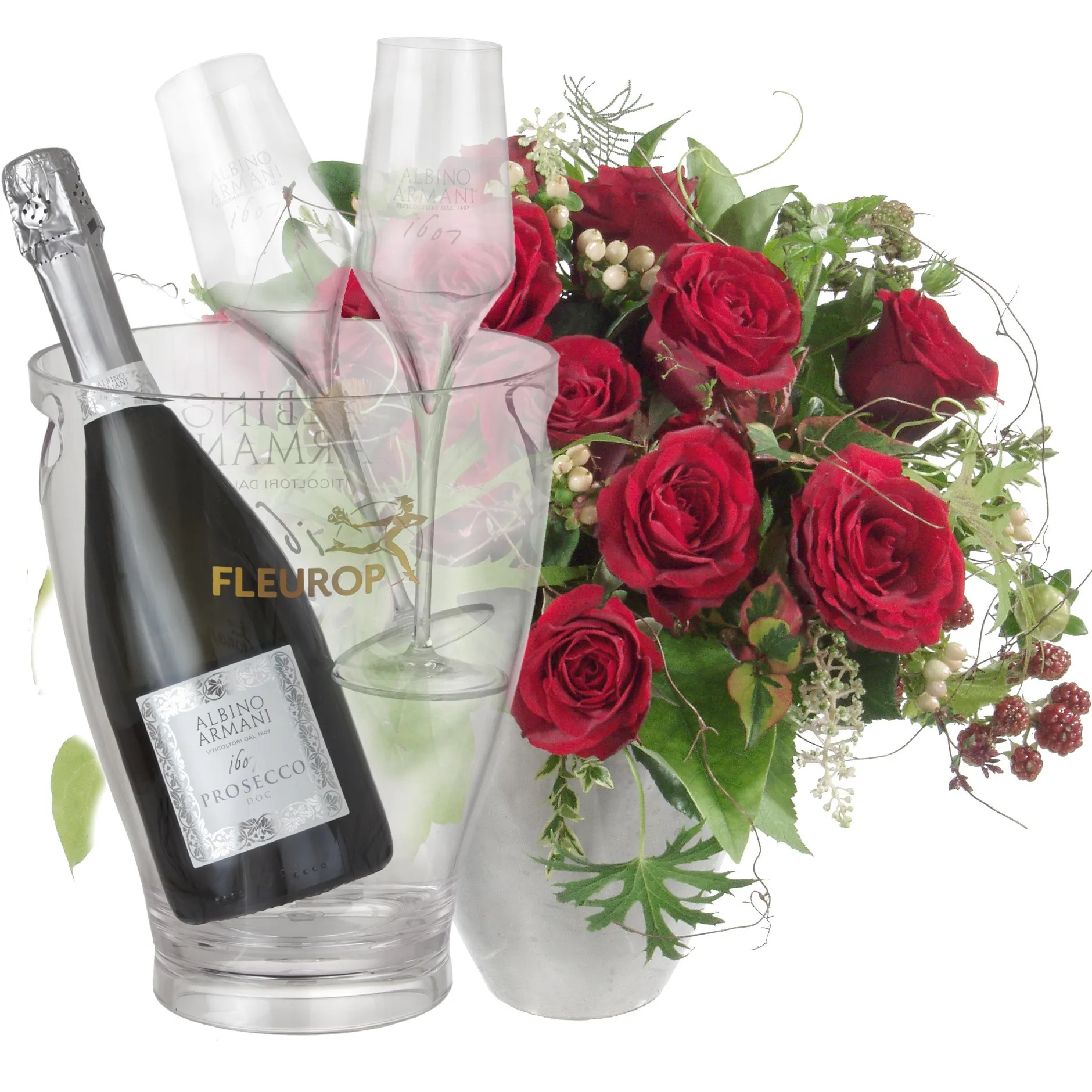 Bouquet I love you with Prosecco Albino Armani DOC (75 cl) incl. ice bucket  and two sparkling wine f