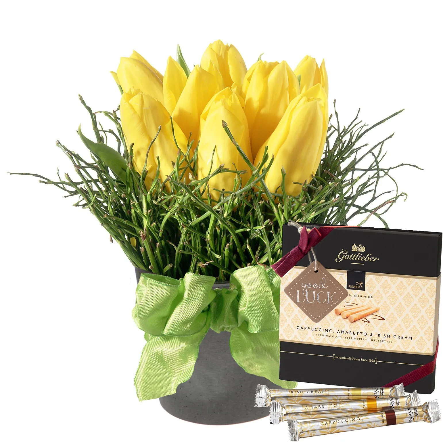 Spring-Hit (arrangement) with Gottlieber Hüppen and hanging gift tag «Good Luck»