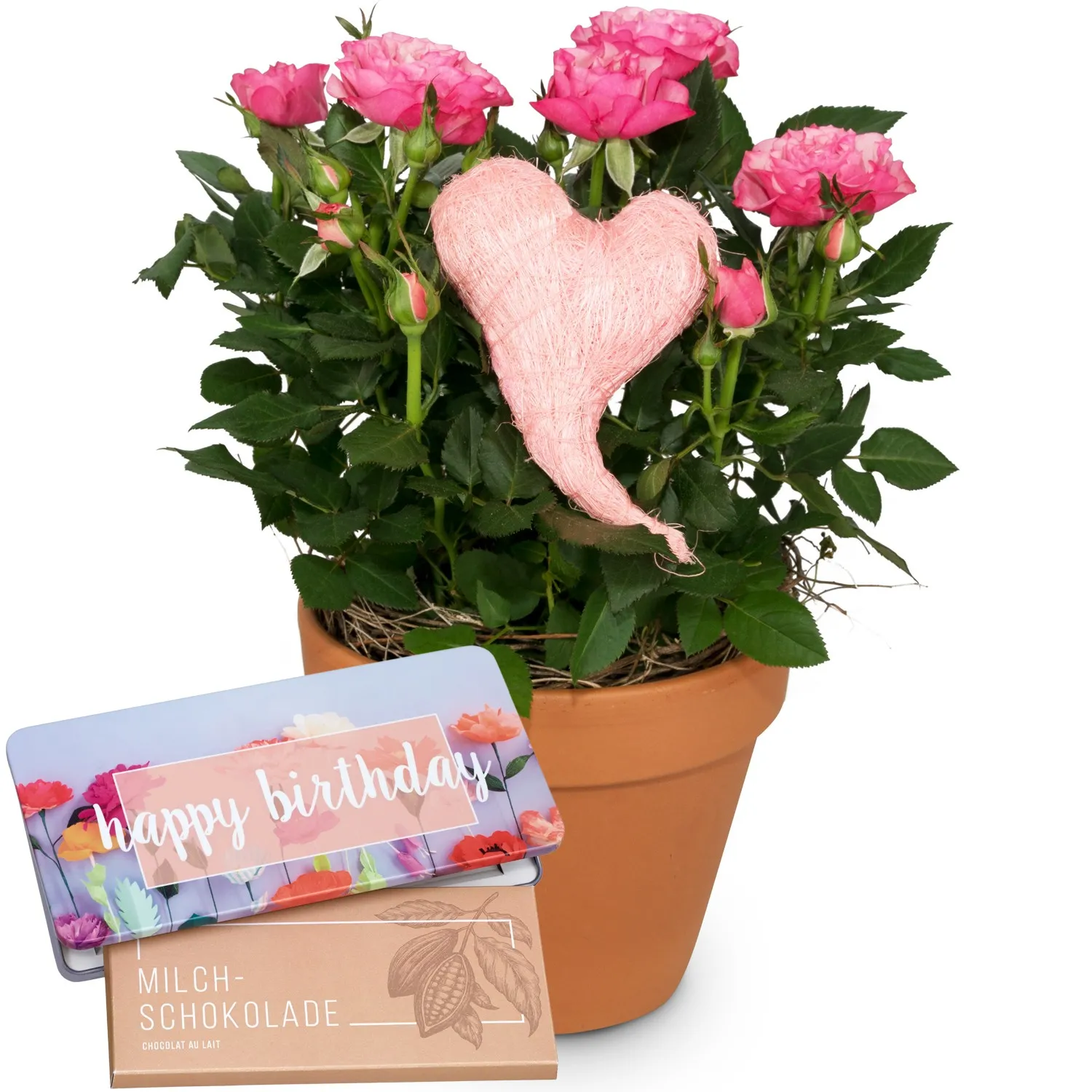 Heartfelt Surprise (rose plant with heart) with bar of chocolate “Happy Birthday“