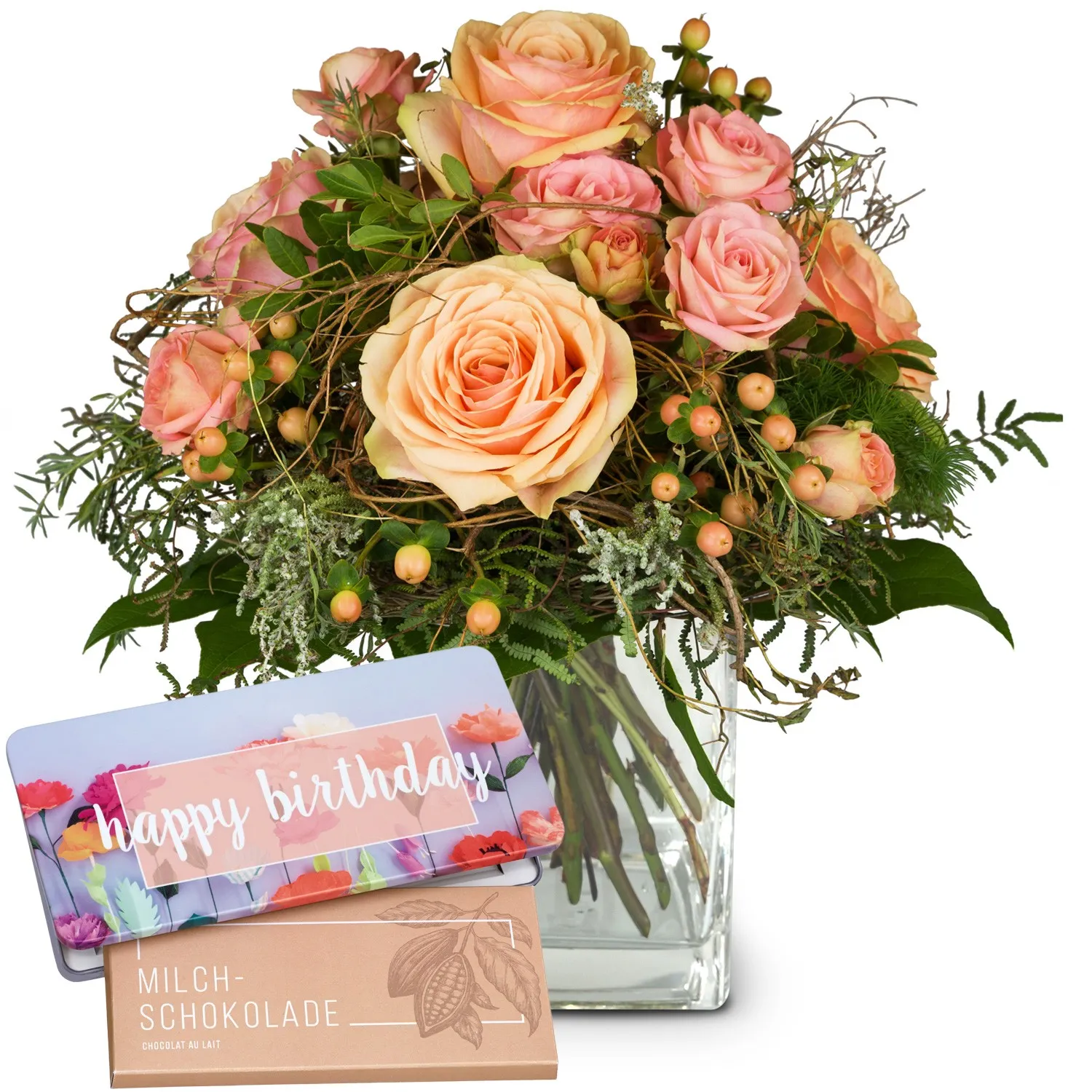 Tender Winter Roses with Delicate Flowers with bar of chocolate “Happy Birthday“