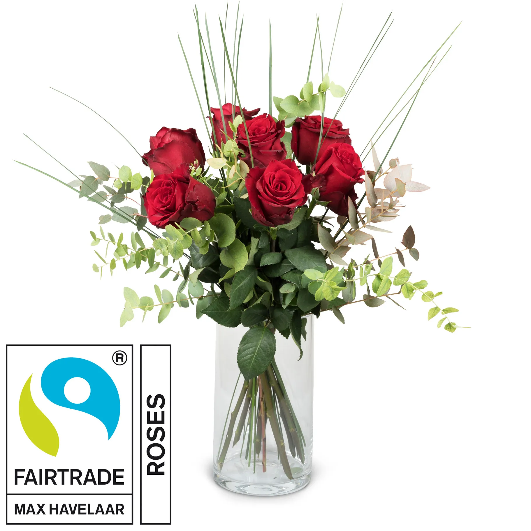 7 Red Fairtrade Max Havelaar-Roses with greenery