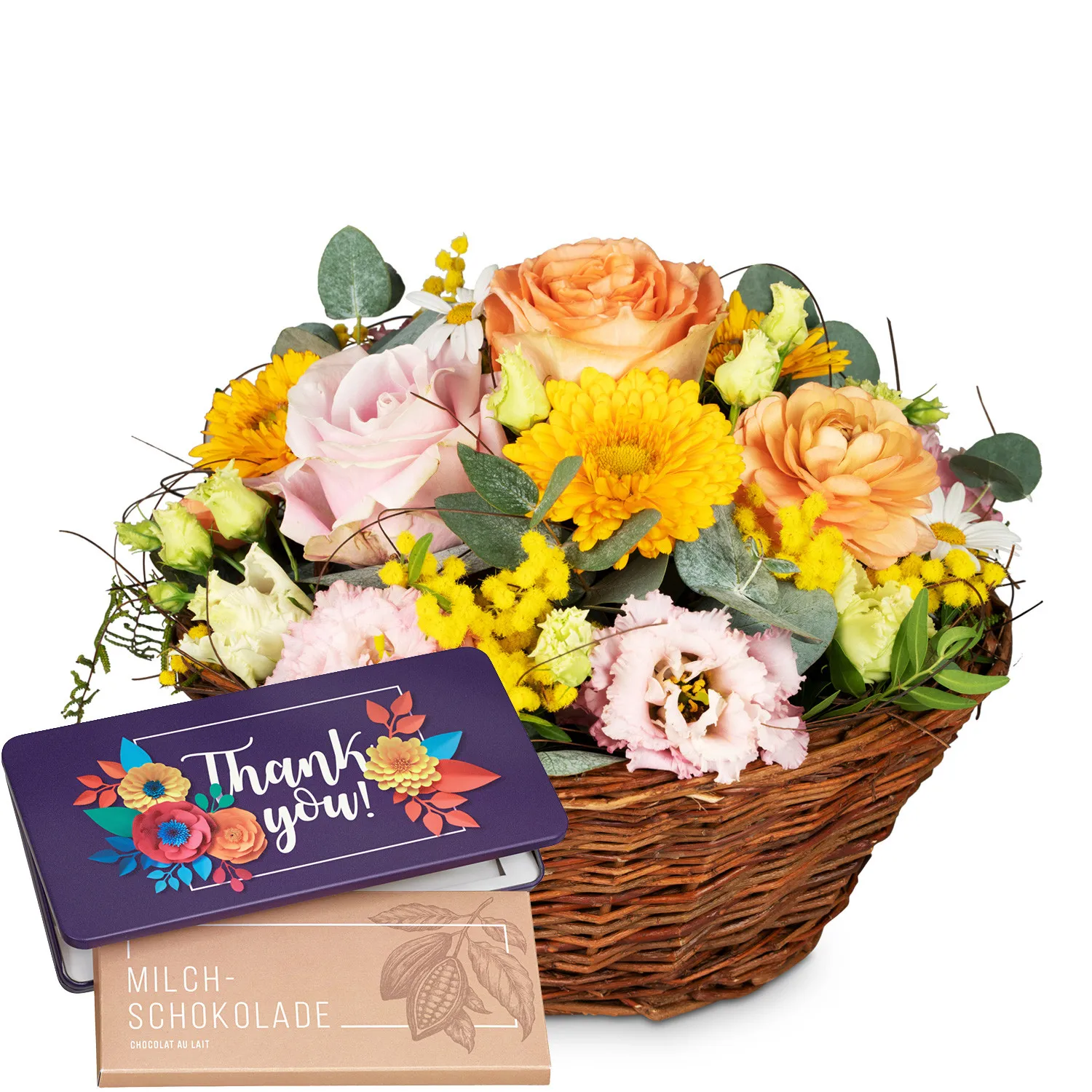 Cheerful Spring Meadow with bar of chocolate «Thank you»