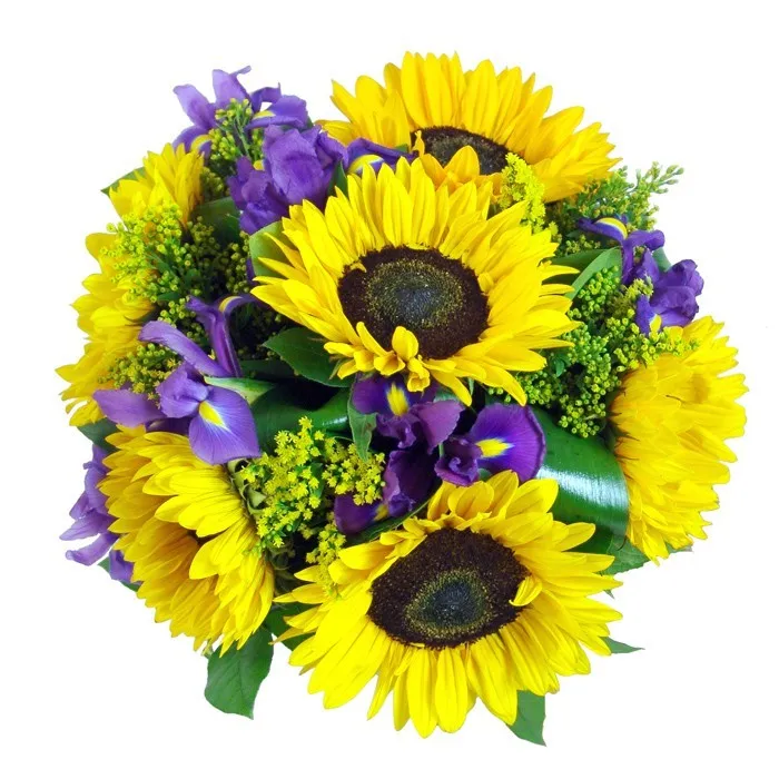 Good morning flowers, sunflowers in bouquet, irises and sunflowers with greenery.