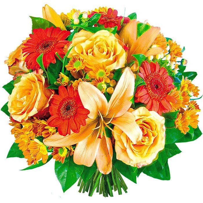 Bukiet Złocień,kompozycja żłótych róż, pomarańczowych gerber i białych lilii ze wstążką