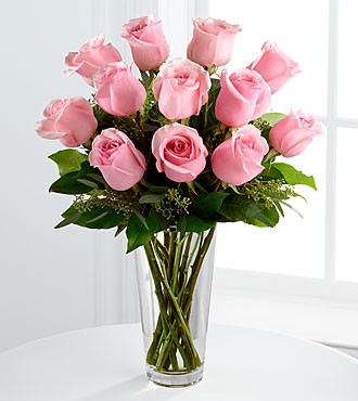 Bukiet Długich Różowych Róż - Zawiera Wazon
