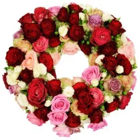 Little wreath (only white/red/pink roses) surrounding the urn