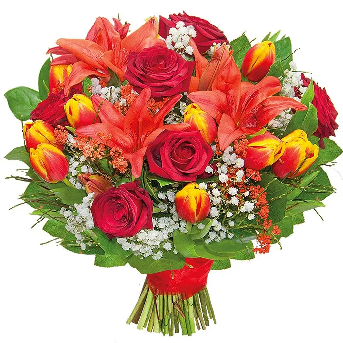 Painted bouquet, bouquet made of lily, tulips, red roses, gypsophila in two colors, decorative green,