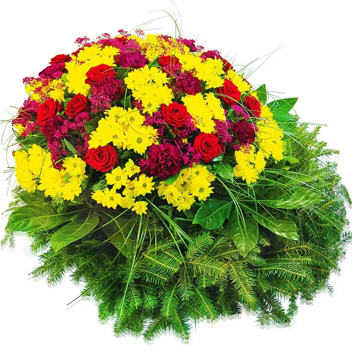 Goodbye wreath, yellow-red funeral wreath, roses and margaretes in the wreath