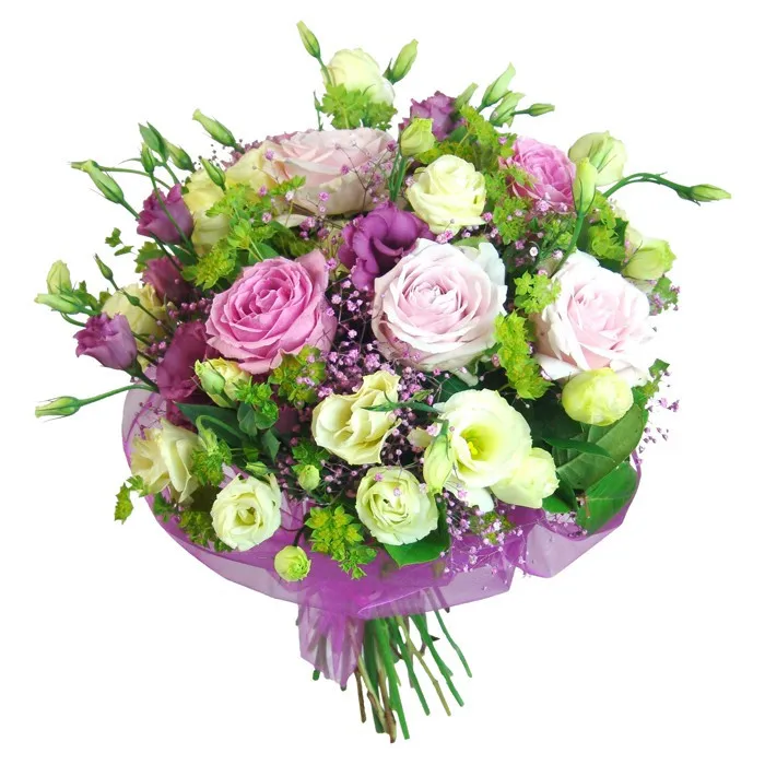 bukiet vivat, bukiet kwiatów w purpurowej organzie, kwiaty biało różowe, eustomy, różowe róże, zieleń dekoracyjna