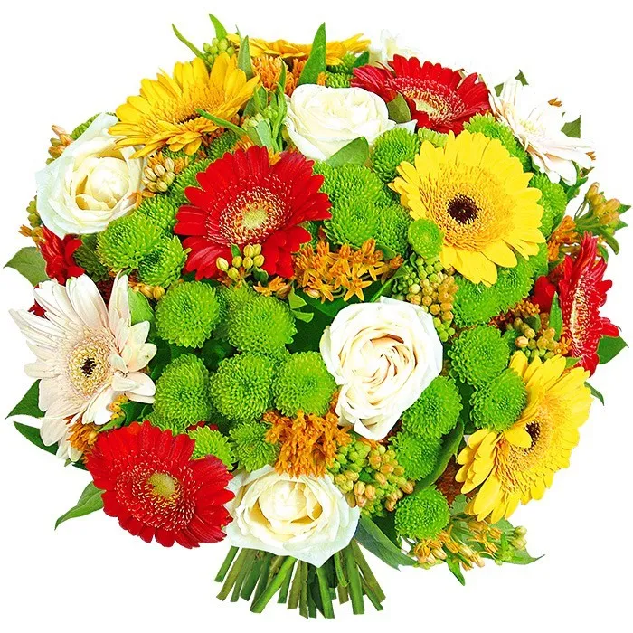 bukiet na szczęście, okrągły bukiet kwiatów, żółte gerbery, czerwone gerbery, santini