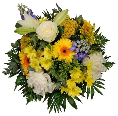 Round MCF of seasonal flowers in various yellow/white shades (roses, lilies, gerberas etc..)