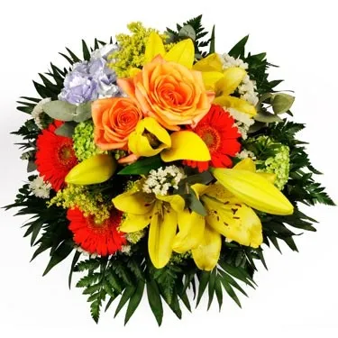 Round bouquet of seasonal flowers in yellow/orange/blue/white (lilies,roses, gerberas)