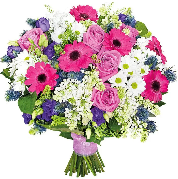 Fairy-tale flowers, composition of gerberas, eryngiums, white meringues, eustoma, margaretes, thlasps, roses, decorative greens, flowers for mothers