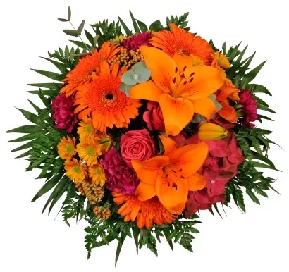 Round bouquet of colourful seasonal flowers in various ORANGE/PURPLE