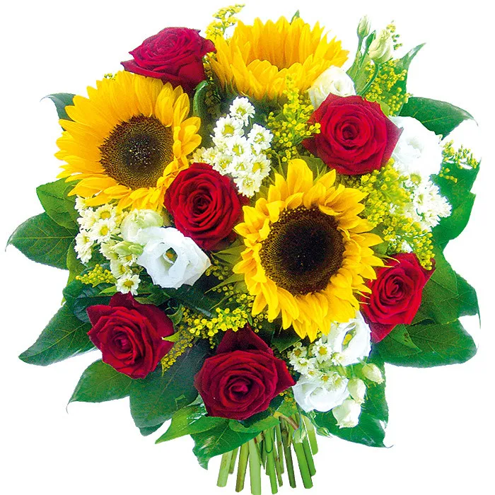 Order flowers over the phone- sunflowers in an original combination are waiting.