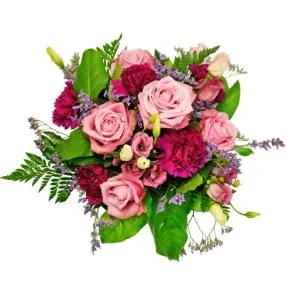 Round/hand tied mixed bouquet (roses/carnations) Pink/Purple colors only with matching filler