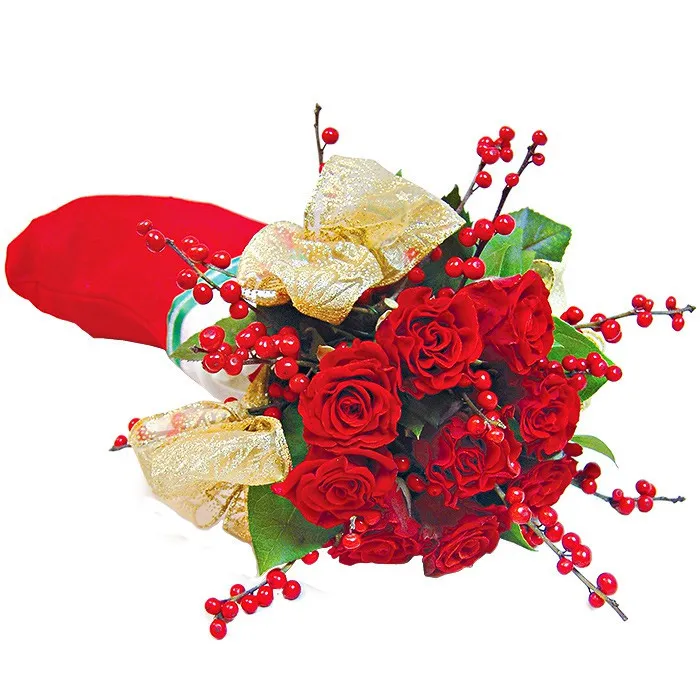 bukiet świąteczny, mikołajkowy, 9 czerwonych róż i ilex w skarpecie mikołaja