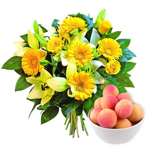 Sunny bouquet, bouquet make of yellow flower, yellow roses, lilies, kilogram of nectarines