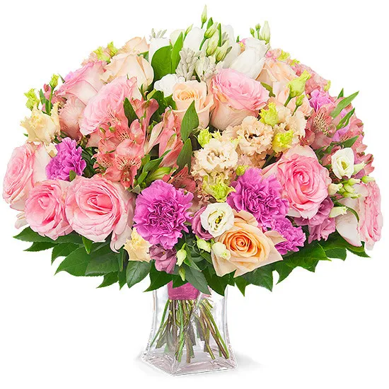 bukiet artemida, bukiet różowo białych kwiatów, tulipany, róże, alstromeria, eustomy, okrągły bukiet w szklanej wazie
