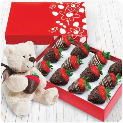 Chocolate strawberries with taddy-bear Esperanto, chocolate strawberries and hundreds and thousands, strawberries with taddy-bear
