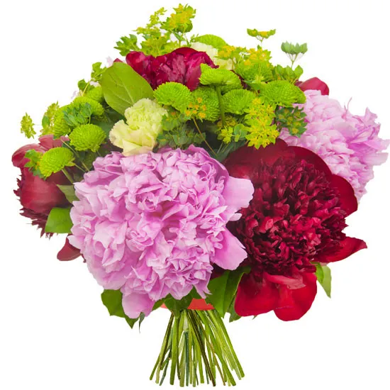 Kwiaty Matyldy, bukiet różowych piwonii, różowe i czerwone peonie w bukiecie