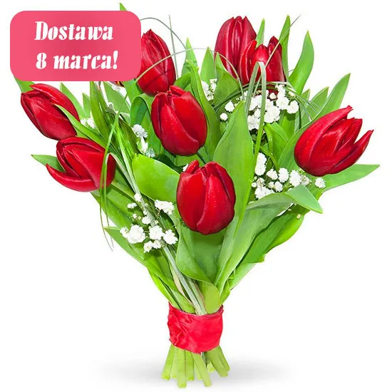 Skryta miłość, bukiet czerwonych tulipanów, tulipany z gipsówką i zielenią dekoracyjną