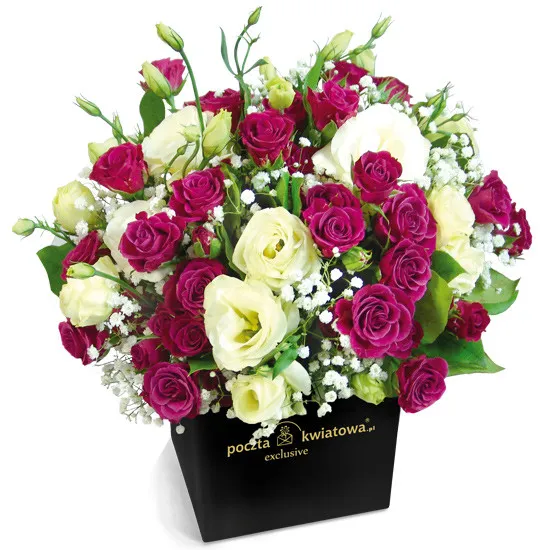 Bukiet z białych róż, eustom, organzy, czarne pudełko na kwiaty