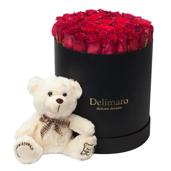 Flowerbox z misiem, czerwone róże w czarnym pudełku z pluszowym misiem